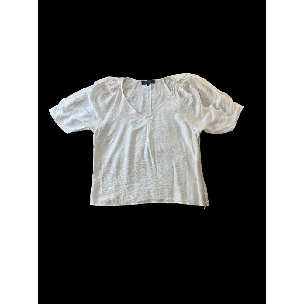 Rachel Roy White V-Neck Blouse L Puff Short Sleeve Slub Rayon Boho Minimalist - Picture 3 of 10